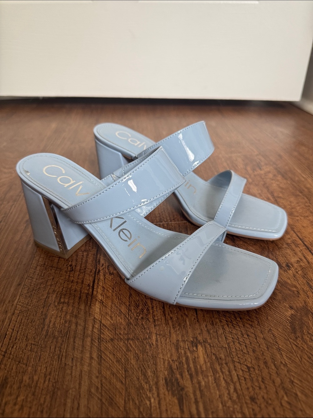 Calvin Klein Light Blue Patent Double-Strap Block Heel Sandals